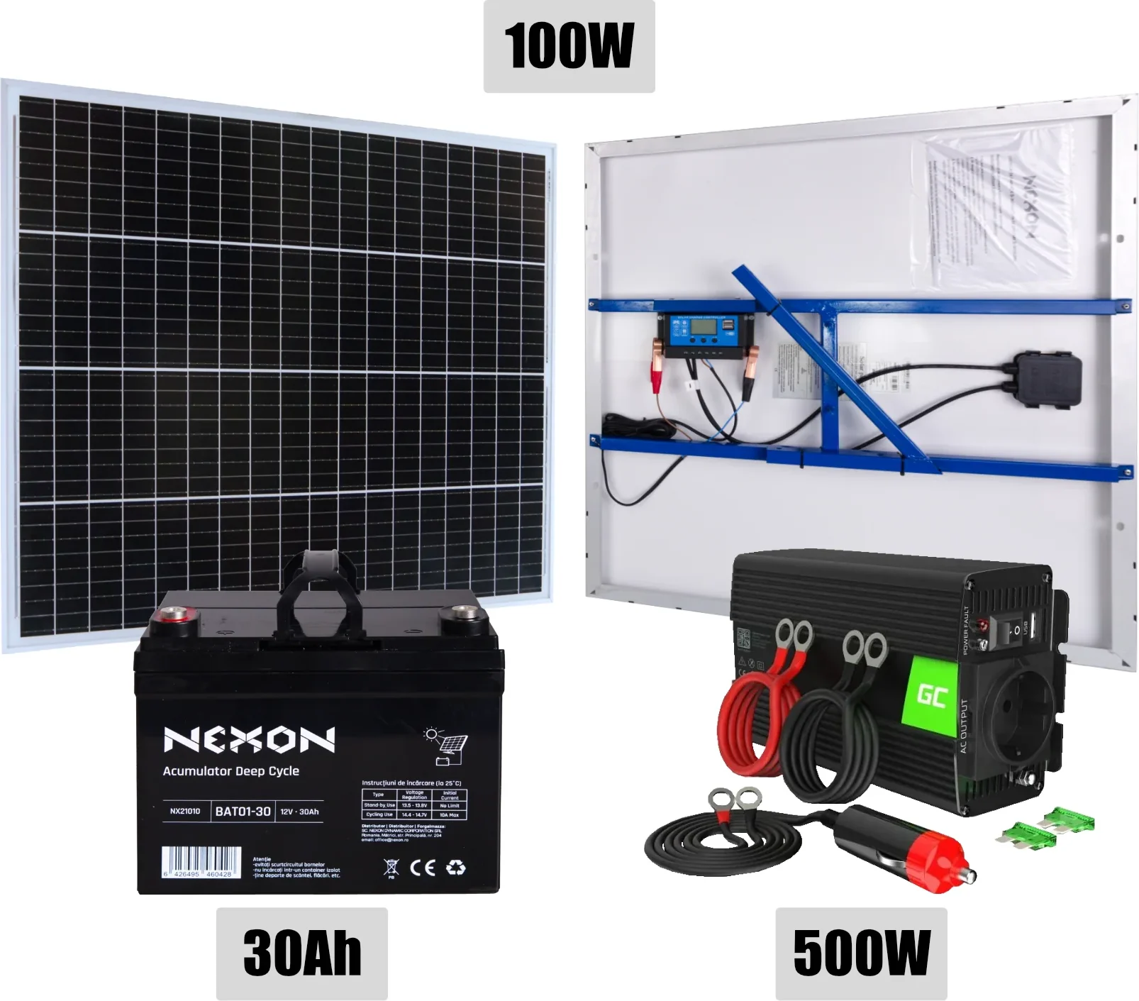 Napelemes tápegység 100W panellel, 30Ah akkumulátorral és 230V inverterrel – NEXON