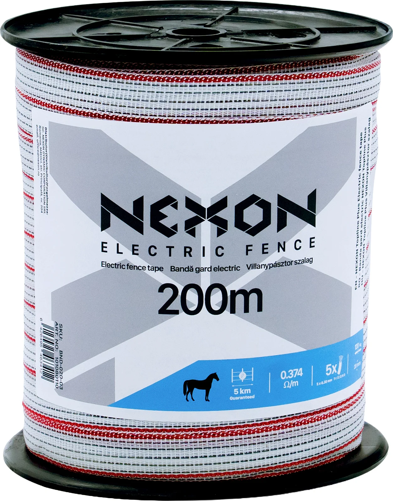 NEXON Topline Plus villanypásztor szalag 200 m, 20 mm, 0.374 ohm/m, 5 fémszál, 120 kg