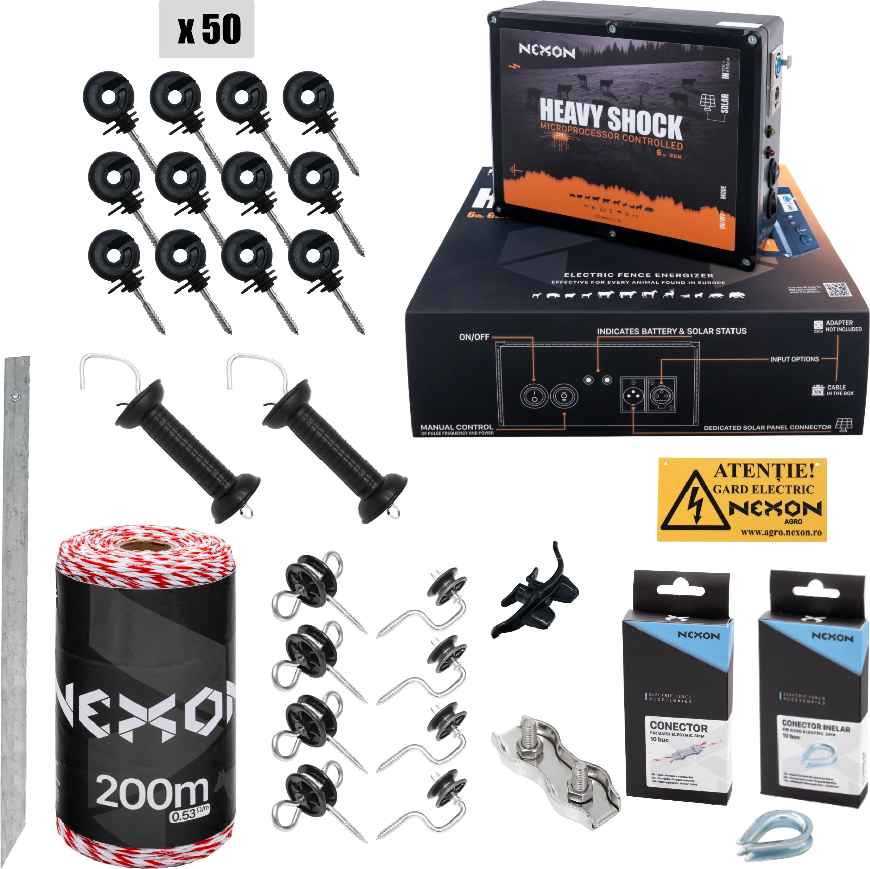 NEXON HeavyShock 2.5 J 12V 230V komplett villanypásztor szett, 200 m 4 fémszál 90 kg zsinór