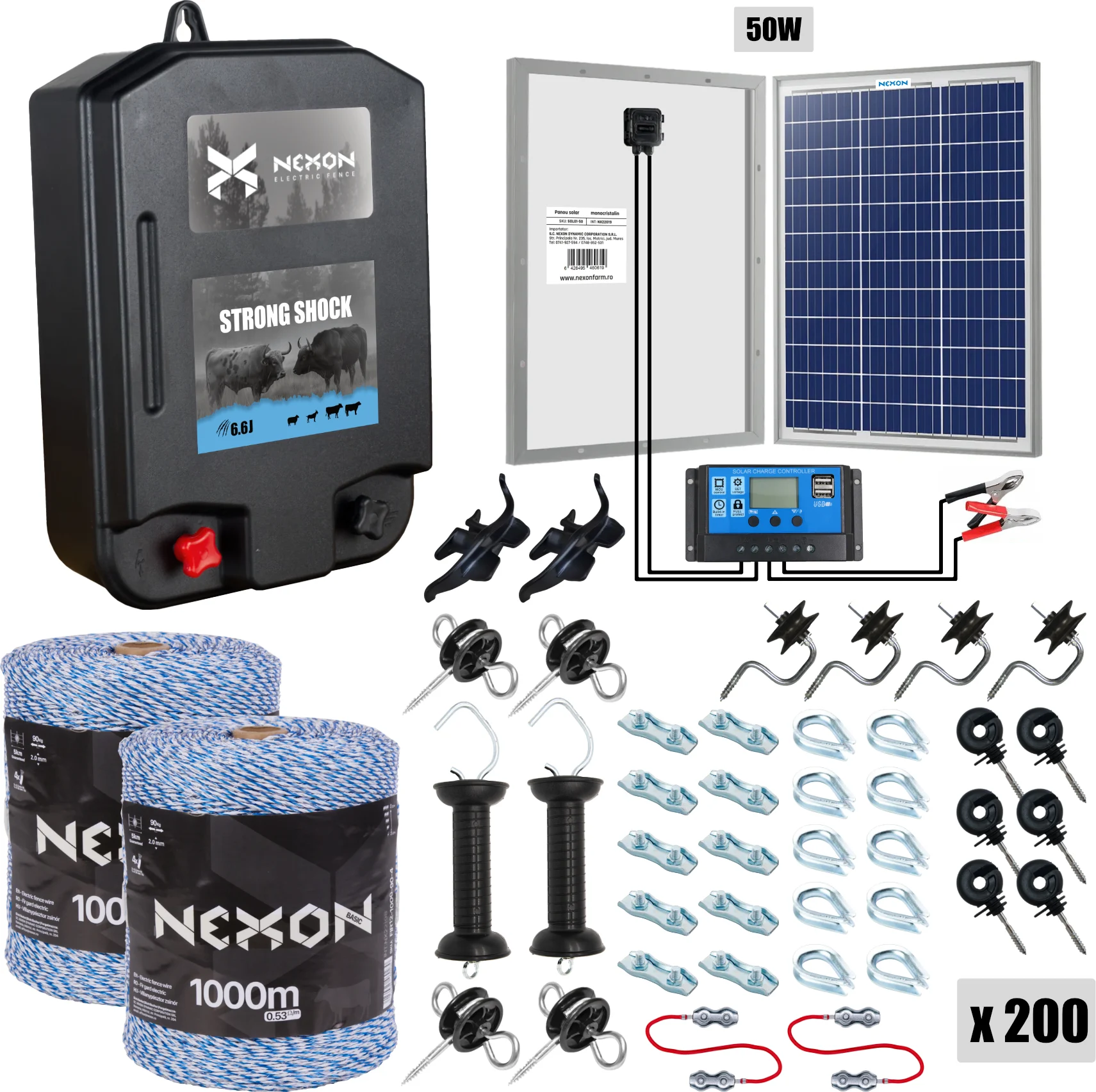 Villanypásztor csomag NEXON StrongShock 6.6J, Napelemes panellel, Zsinór 2000m, 90kg
