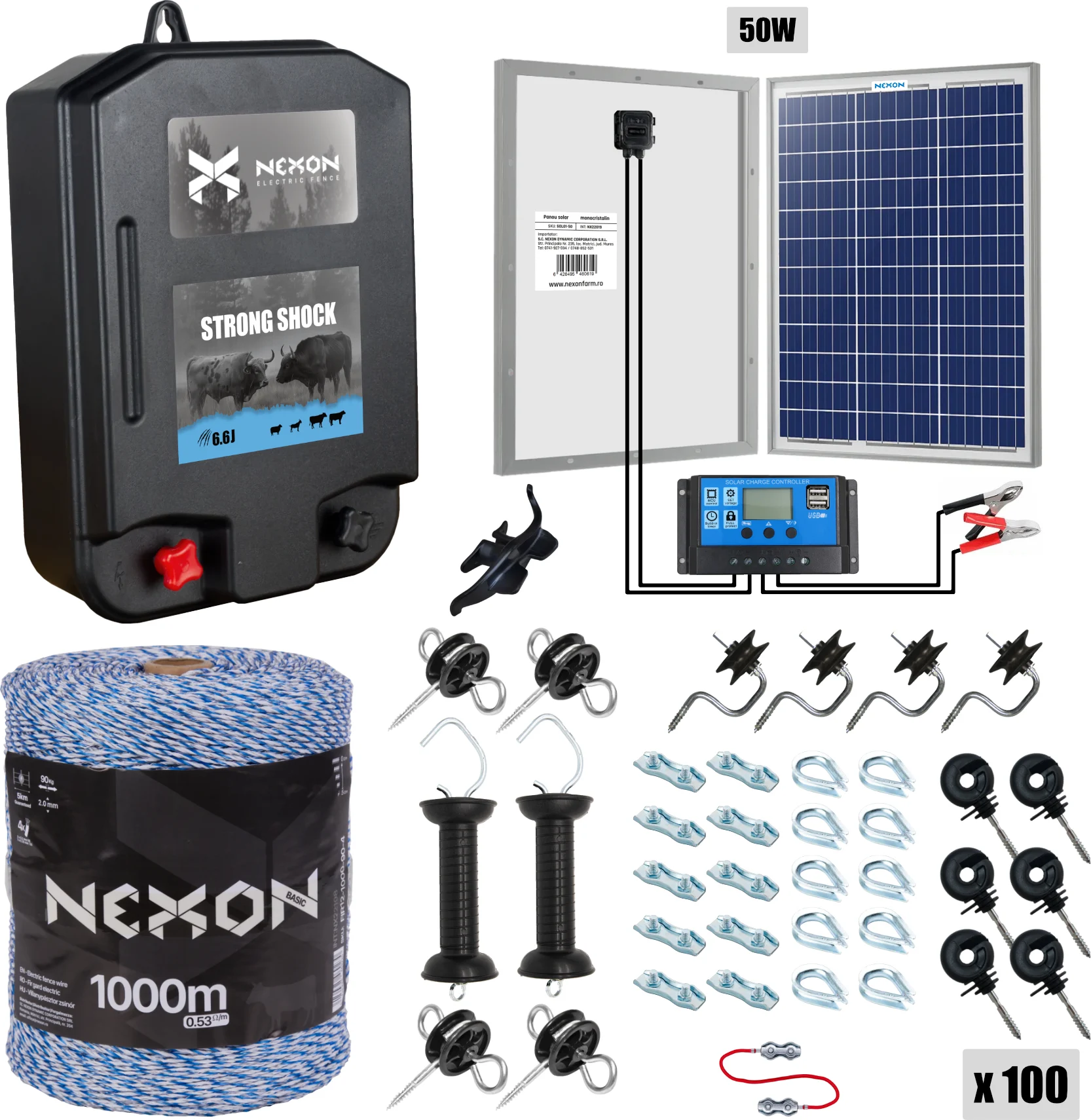 Villanypásztor csomag NEXON StrongShock 6.6J, Napelemes panellel, Zsinór 1000m, 90kg