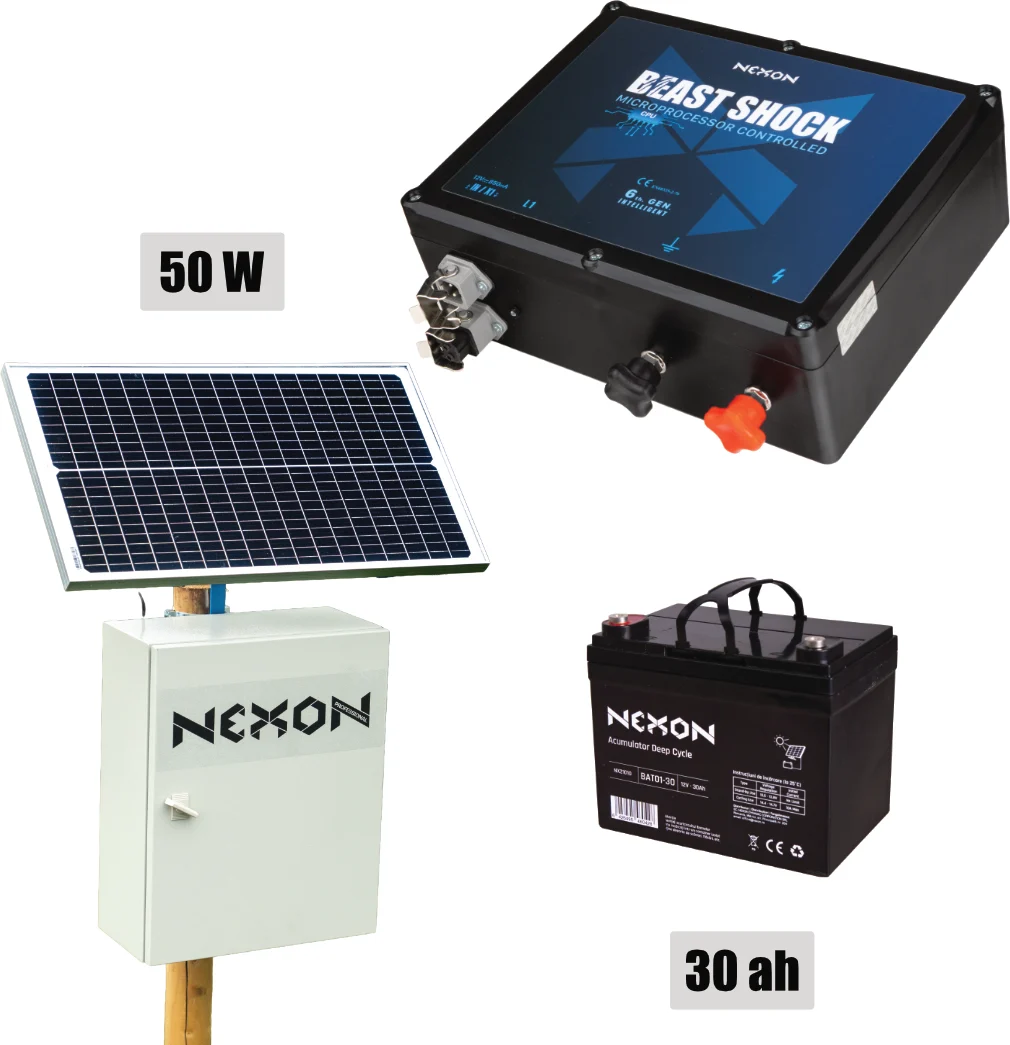 NEXON Villanypásztor Csomag BeastShock 6 J 12V, 50W-os Napelemmel és 30Ah Akkumulátorral Fém Dobozban