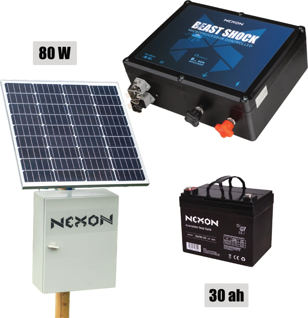 NEXON Villanypásztor Csomag BeastShock 7.5 J 12V 80W-os Napelemmel és 30Ah Akkumulátorral, Fém Dobozban
