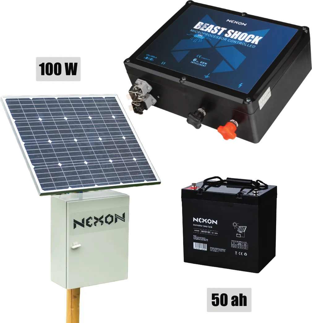 NEXON Villanypásztor csomag BeastShock 10 J 12V 100W-os napelemmel, 50Ah akkumulátorral és fém dobozzal