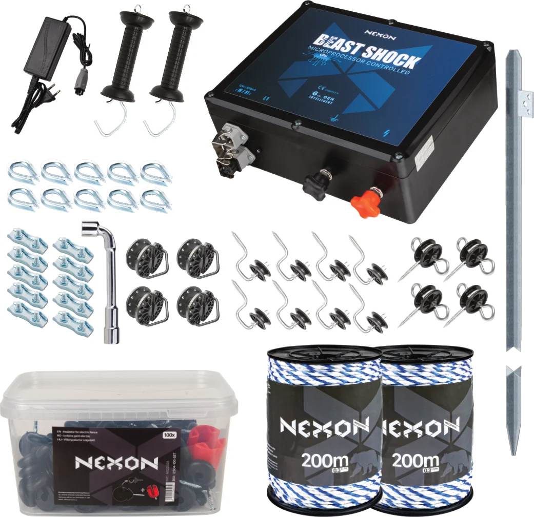 Villanypásztor csomag NEXON BeastShock 7.5J adapterrel, Kötél 400m, 6 fémszál, 600kg