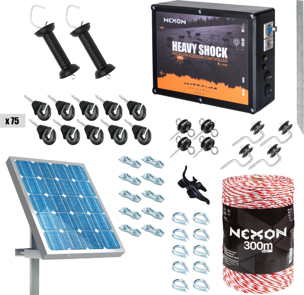 Villanypásztor csomag NEXON HeavyShock PRO 2.5J, Napelemes, Zsinór 300m, 3 fémszál, 110kg