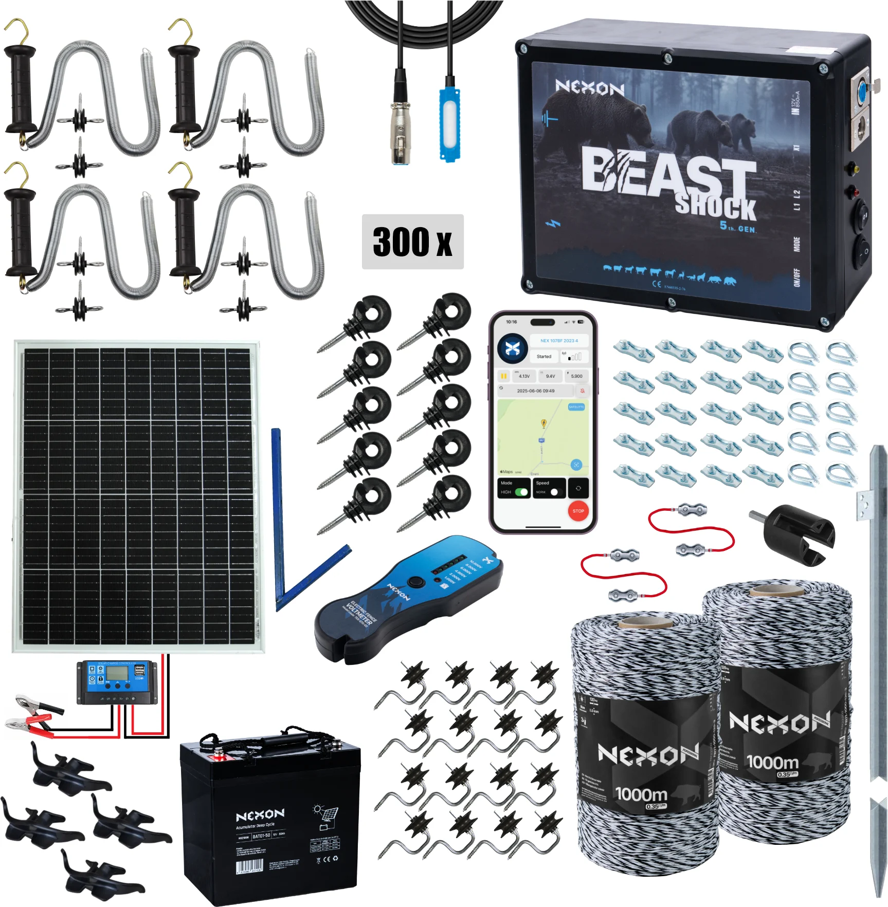 Villanypásztor csomag NEXON BeastShock 8.5J GPS, Napelemes és Akkumulátoros, Zsinór 2000m, 120kg