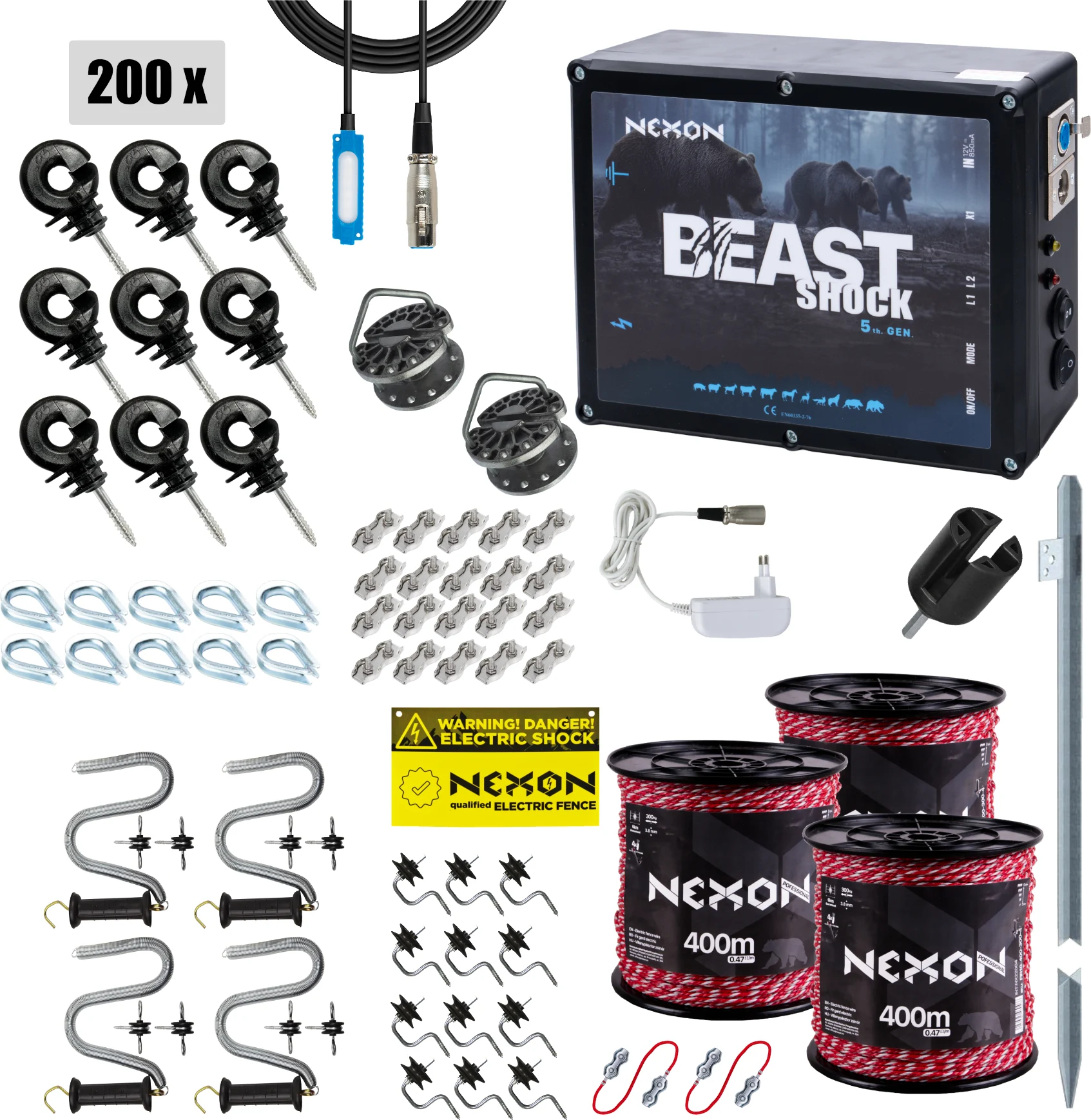 Villanypásztor csomag NEXON BeastShock 8.5J 12V/230V, Zsinór 1500 m, 5 fémszál, 180 kg