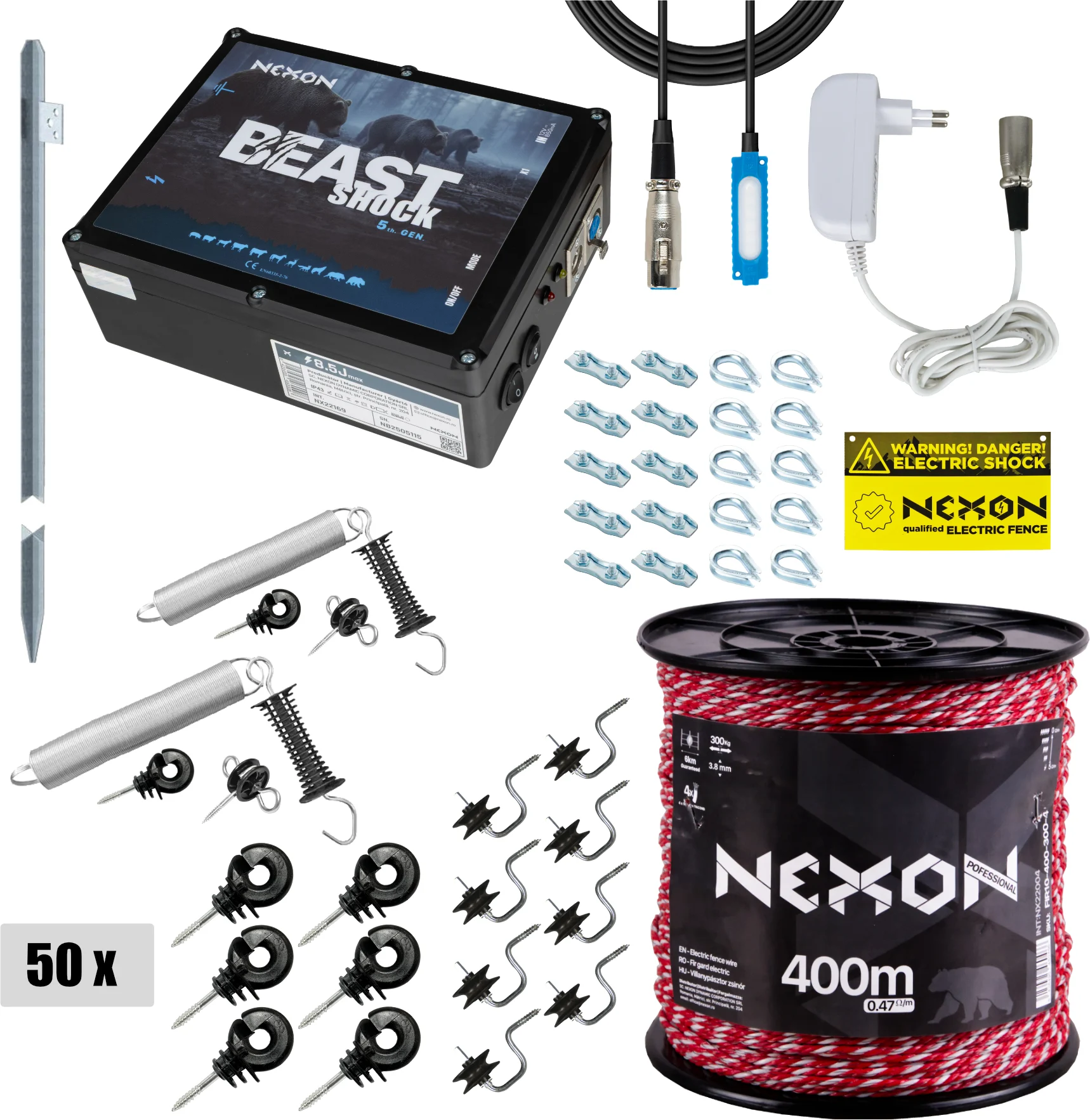 Villanypásztor csomag méhészeknek NEXON BeastShock 8.5J, Zsinór 400m, 4 szál, 300kg