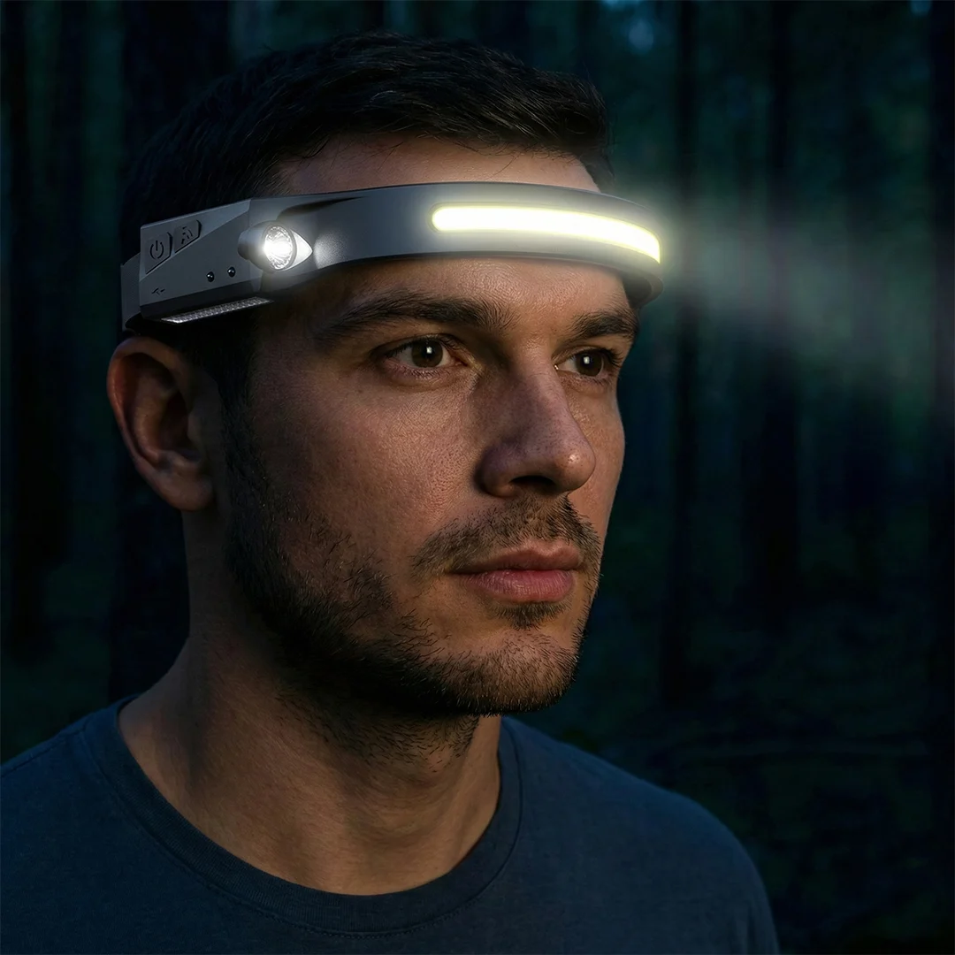 Újratölthető LED fejlámpa – 350 lumen, mozgásérzékelős